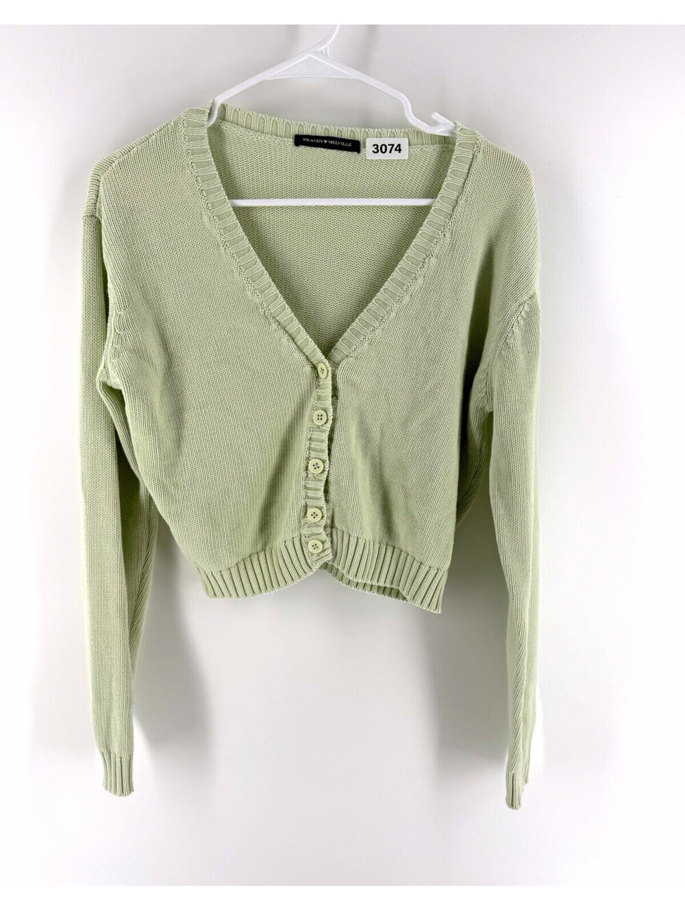 Brandy Melville Women’s Green Ribbed Knit V-Neck Button Cropped Cardigan OS
